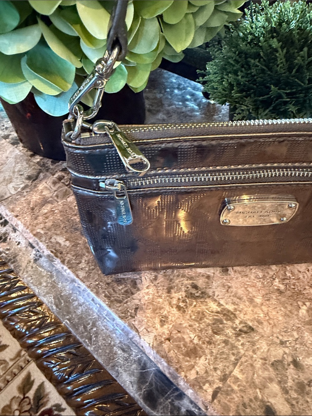 Michael Kors Metallic Gunmetal MK Logo Wristlet - Picture 3 of 9